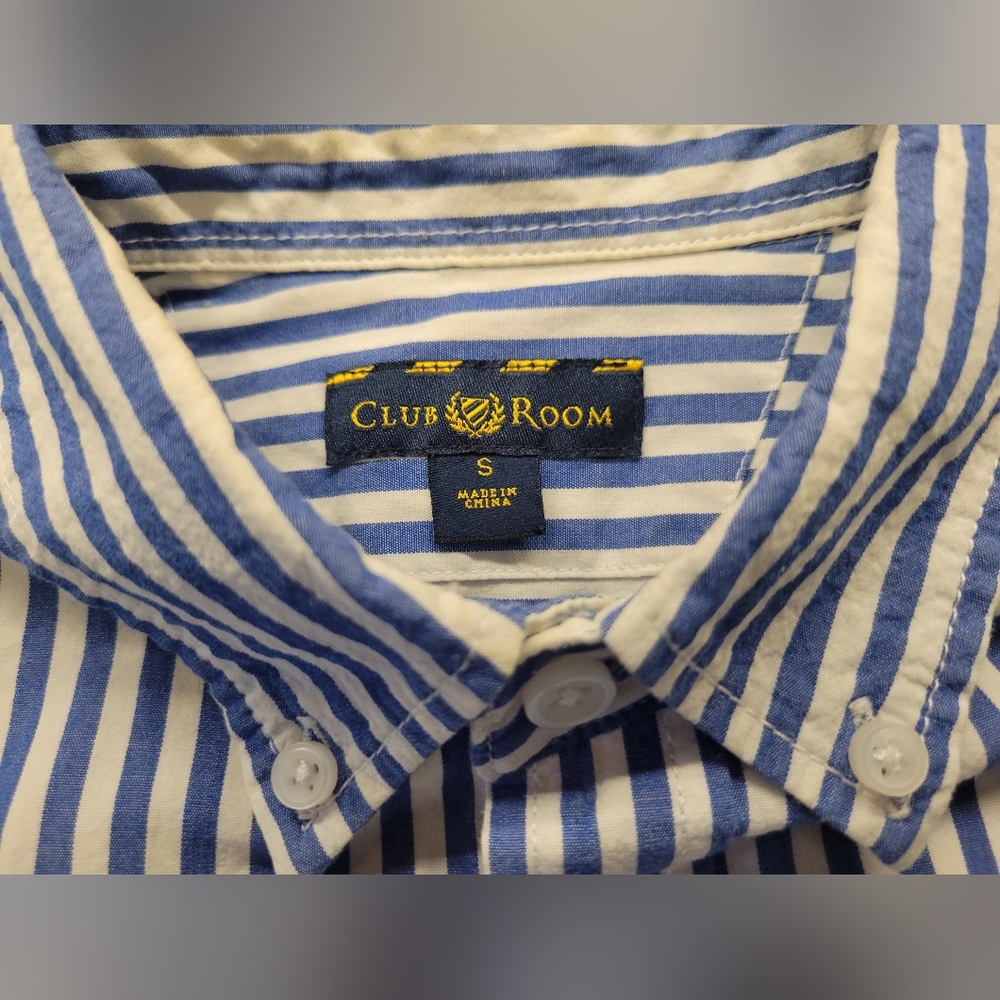 CLUB ROOM Men long sleeve button down blue white stripe shirt back loop …